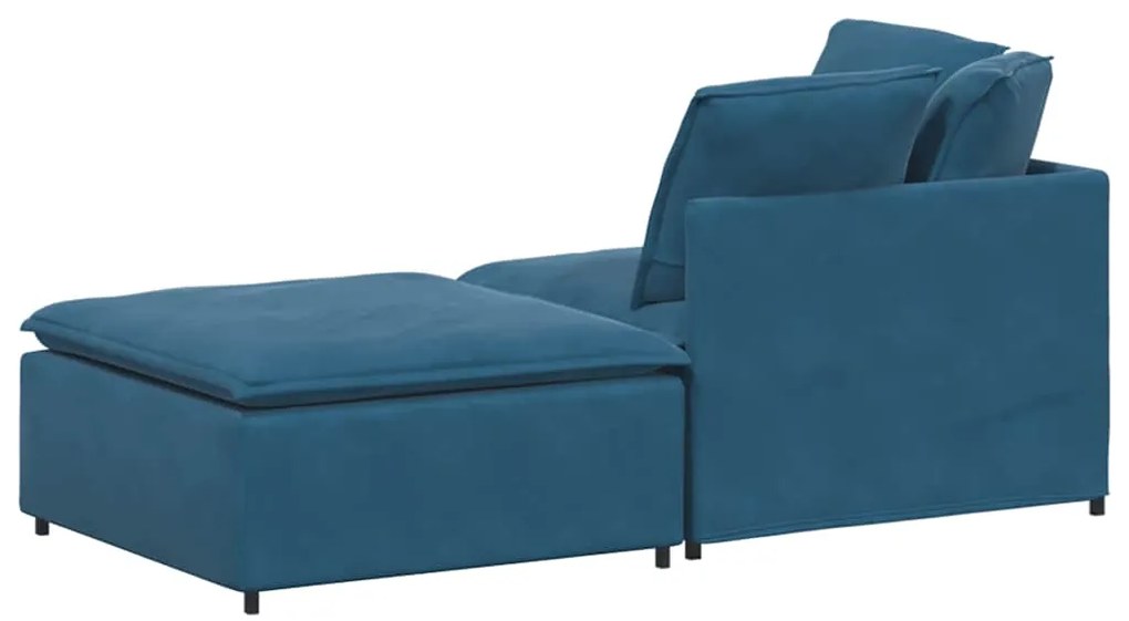 Sofá modular com pufes e almofadas veludo azul