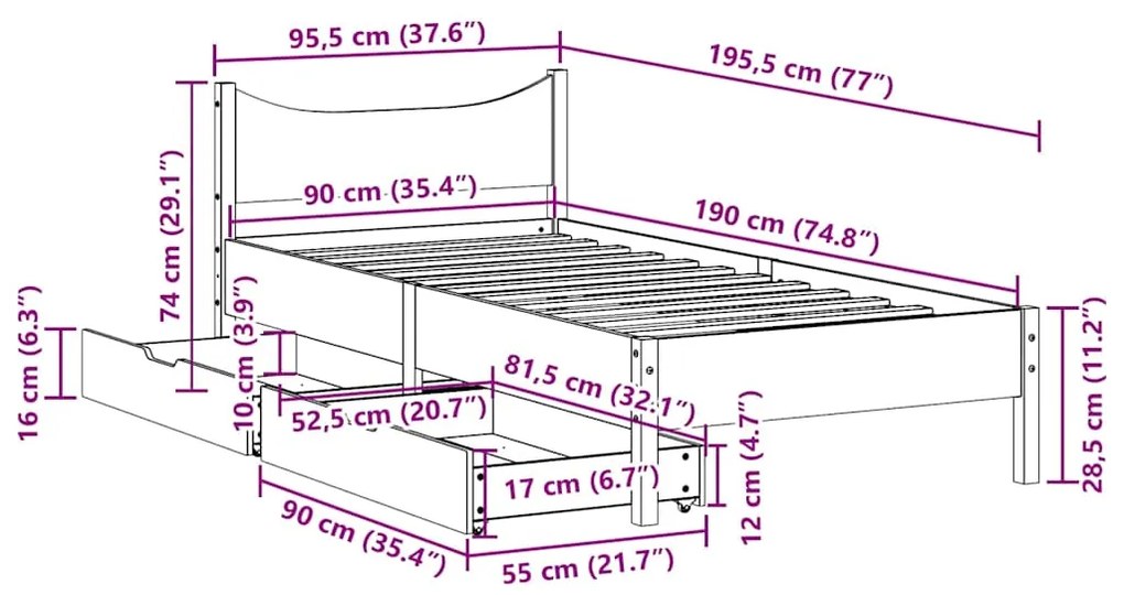 Estrutura de cama c/ gavetas 90x190cm pinho maciço castanho-mel