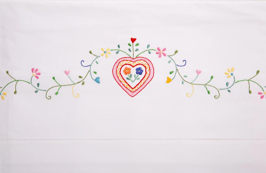 240x290 cm - Jogo de lençóis bordados a mão - 100% algodão percal 200 fios: Coração : Opção vermelho, amarelo, laranja, rosa e lilas