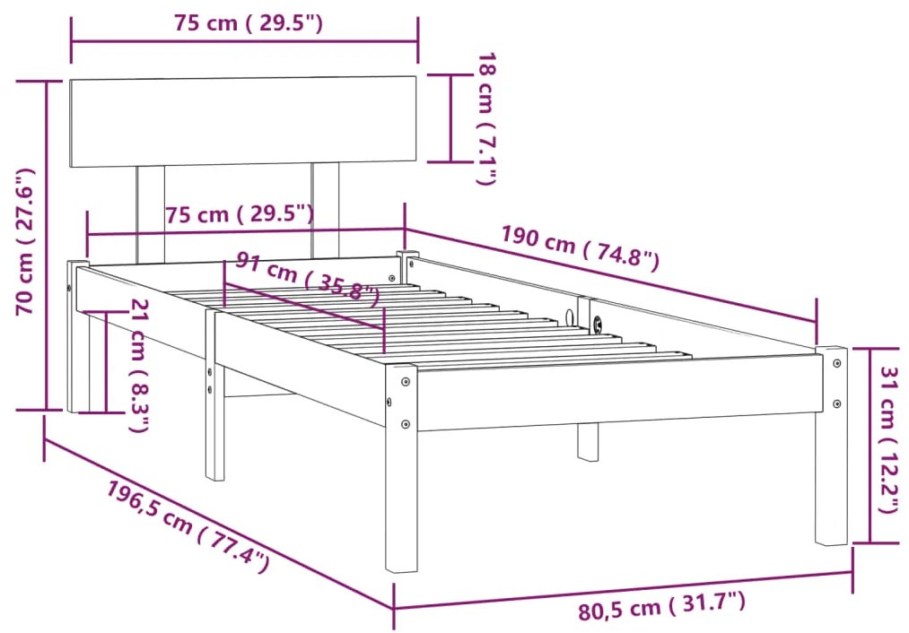 Estrutura de cama pequena solteiro UK 75x190 cm pinho maciço