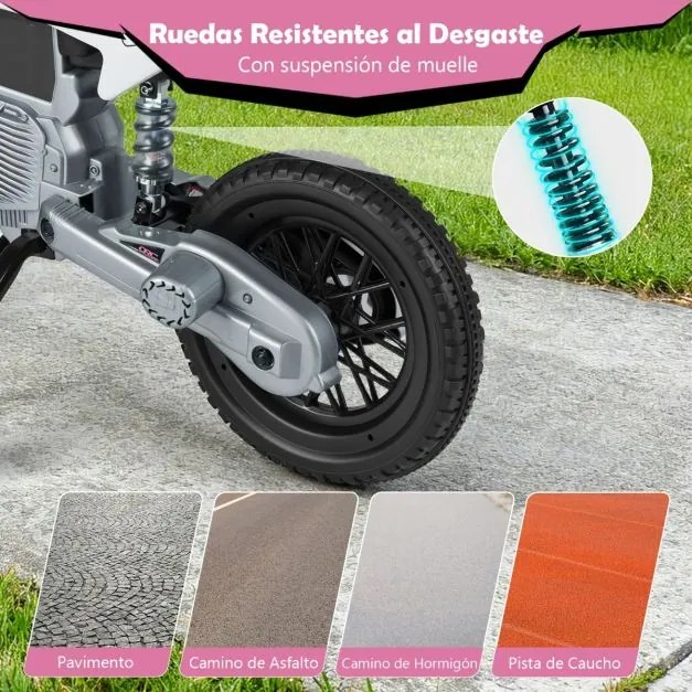 Mota elétrica para crianças 12V com rodas de treino removíveis e suspensão com molas Rosa