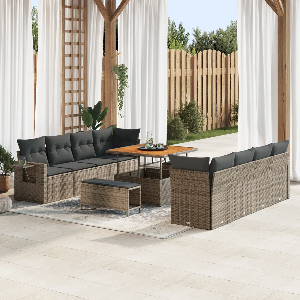 Conjunto de Sofá para Jardim com 11 Peças e Almofadas Cinza Rattan Pol