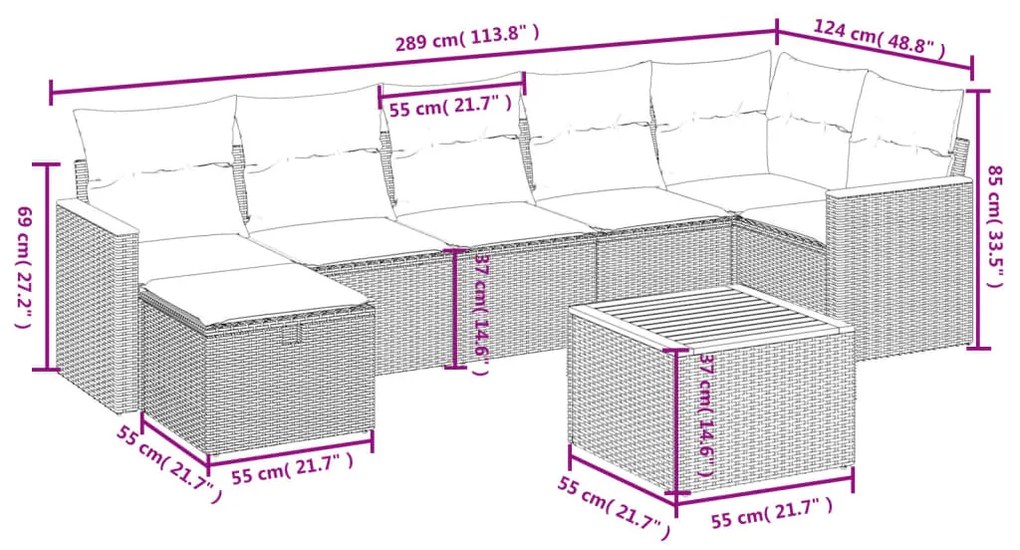 8 pcs conjunto sofás de jardim c/ almofadões vime PE cinzento