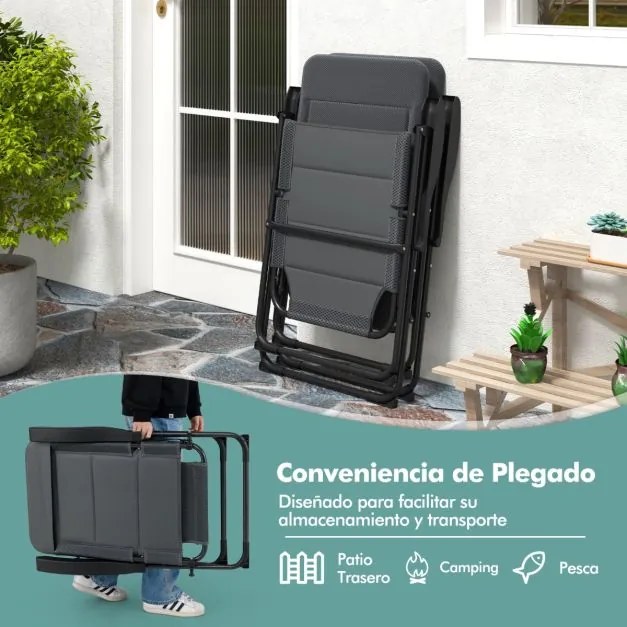 Conjunto de 2 cadeiras de jardim com encosto ajustável em 7 posições, cadeiras dobráveis para varanda, cor cinza.