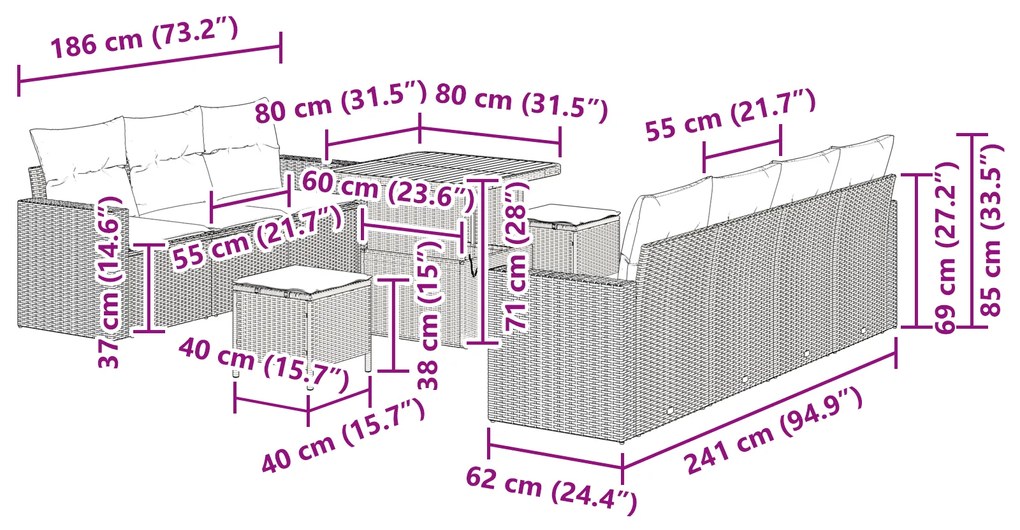 Conjunto de Sofá de Jardim com 10 Peças e Almofadas Bege Rattan Poliés