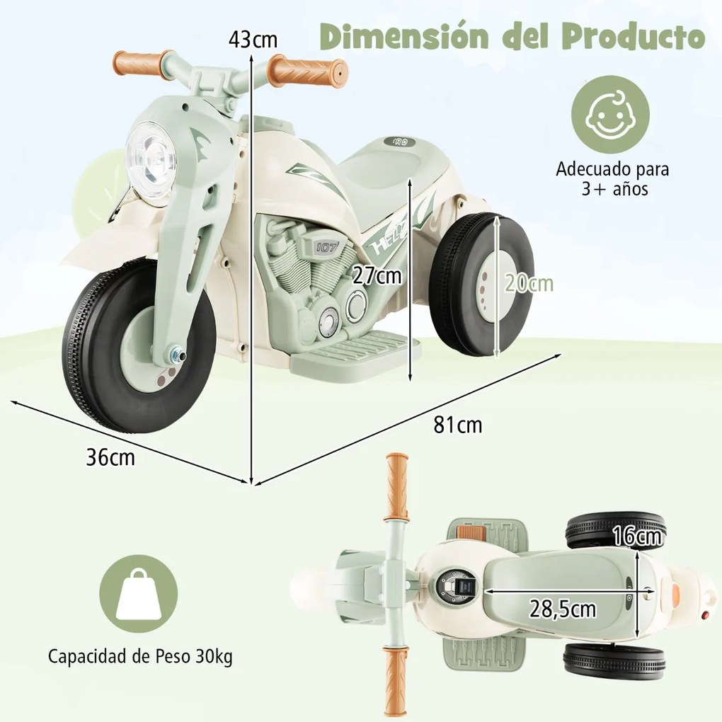 Mota eléctrica para crianças 6V com farol LED Com maquina Fazer bolhas, interrutor para a frente e para trás e carga 30 kg Bege