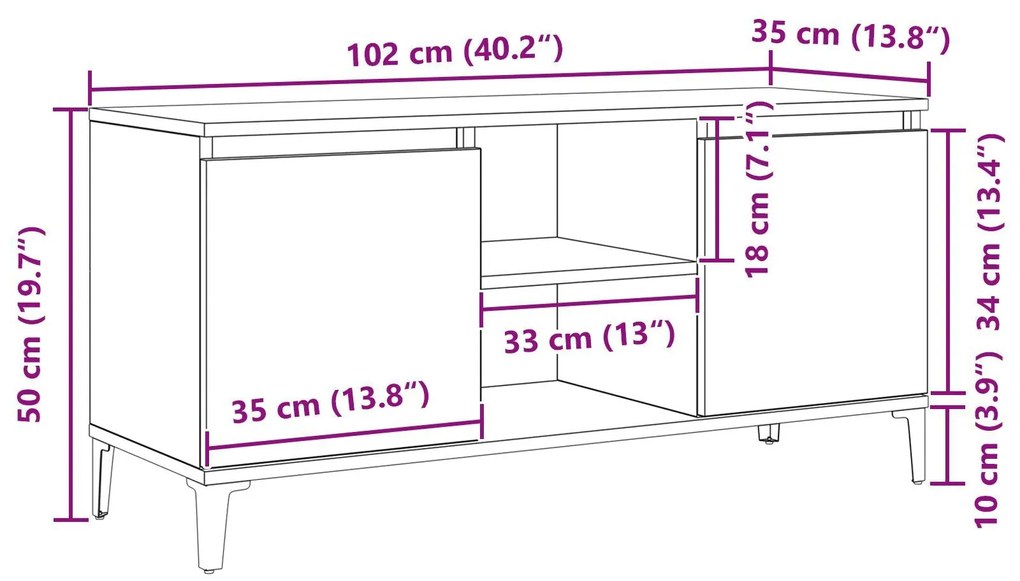 Armário de TV vidaXL Preto Carvalho 102x35x50 cm de Madeira de Engenha