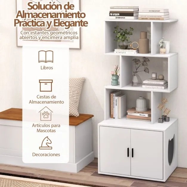 Móvel de caixa areira oculta para gatos com 3 prateleiras abertas, entrada lateral e portas 60 x 45,5 x 142 cm Branco