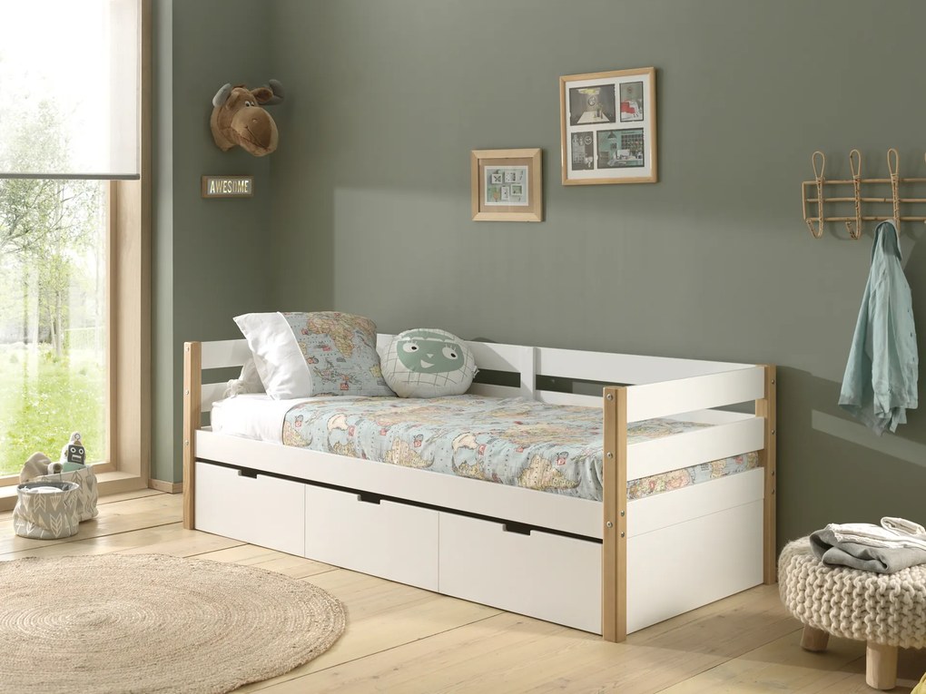 Cama infantil MARGRIT (90 x 200 cm) + Estrado + gaveta inferior Natural / Branca