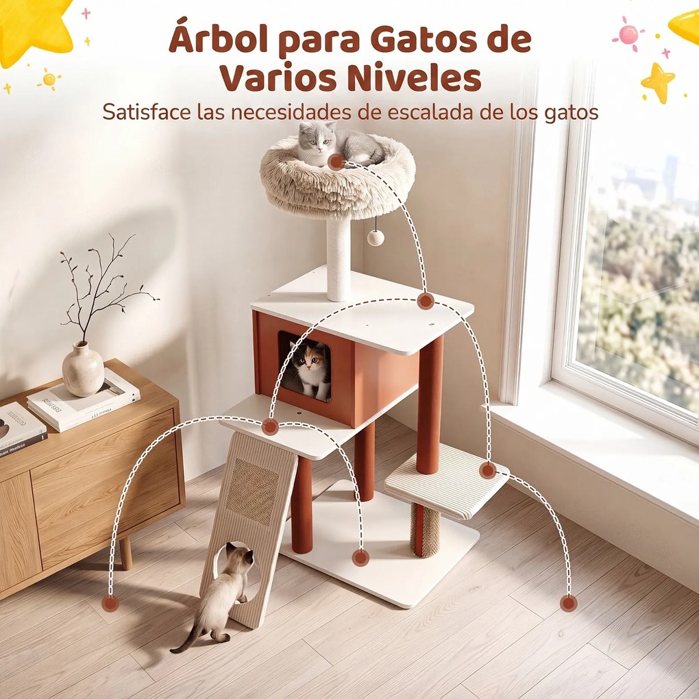 Arranhador para Gatos com Casinha, 77,5 x 29,5 x 51 cm, 4 Níveis, Castanho
