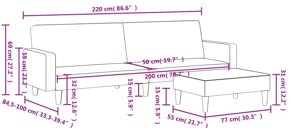 Sofá-cama 2 lugares c/ apoio de pés veludo cinzento-escuro