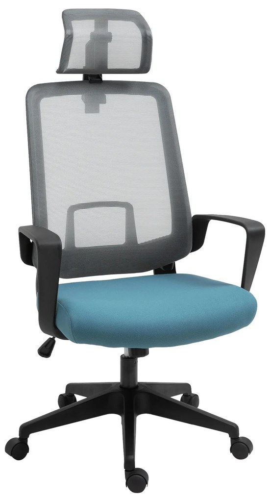 Vinsetto Cadeira de Escritório Ergonômica Giratória com Altura Ajustável Apoio para a Cabeça Apoio para os Braços e Suporte Lombar Reguláveis 63,5x63x116,5-125,5cm Azul e Cinza