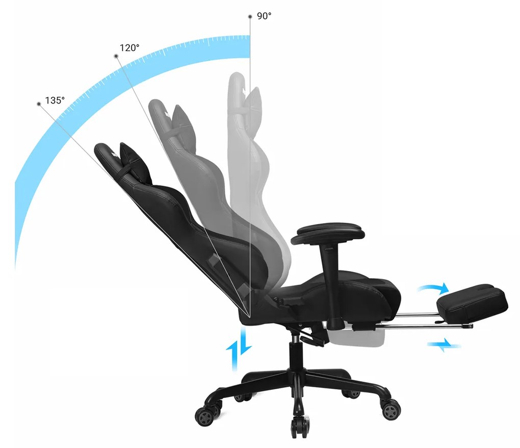 Cadeira Gaming ajustável base de aço, rodas de funcionamento suave, apoios de braços ajustáveis e uma almofada para a cabeça e lombarem altura Preta