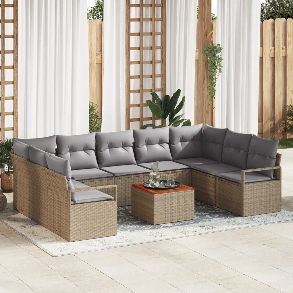 Conjunto de Sofá de Jardim vidaXL de 10 Peças com Almofadas Bege Ratta