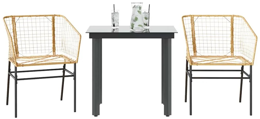 Conjunto jantar jardim 3 peças vidro vime PE castanho