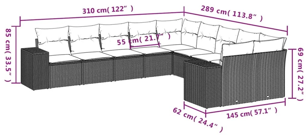 10 pcs conjunto de sofás p/ jardim com almofadões vime PE bege