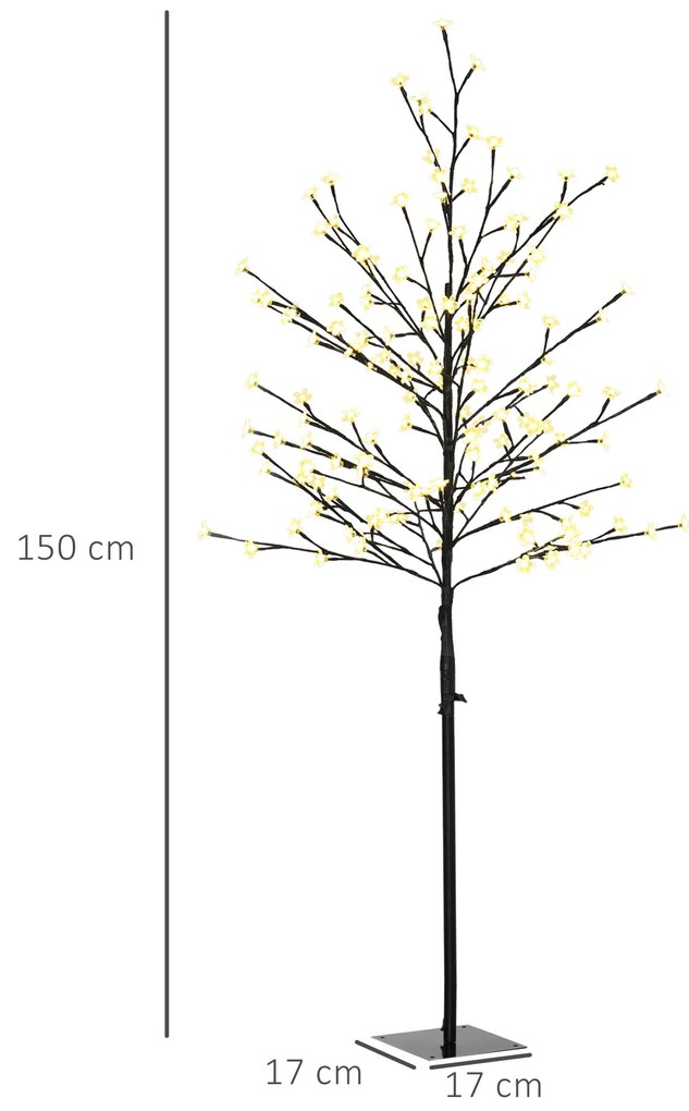 HOMCOM Árvore Cerejeira com 150 Luzes LED IP44 Branco Quente Árvore Decorativa com Ramos Flexíveis para Sala de Estar Festas Interior 17x17x150cm Preto