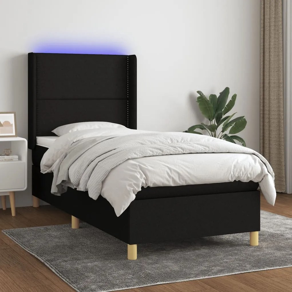 Cama box spring c/ colchão e LED 90x200 cm tecido preto