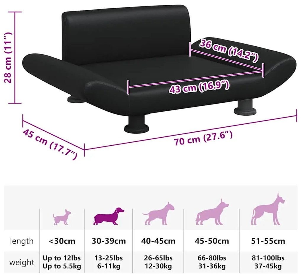 Cama para cães 70x45x28 cm couro artificial preto