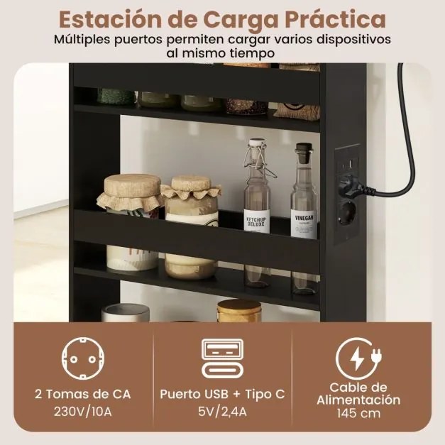 Carrinho cozinha estreito 47,5 x 13 x 80,5 cm com estação de carregamento de 4 níveis com rodas bloqueáveis Preto + Natural