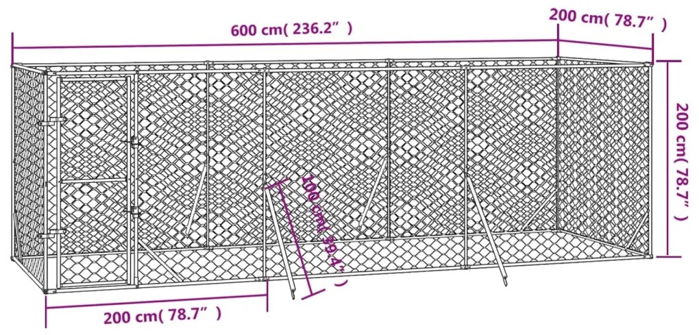 Canil de exterior 6x2x2 m aço galvanizado prateado