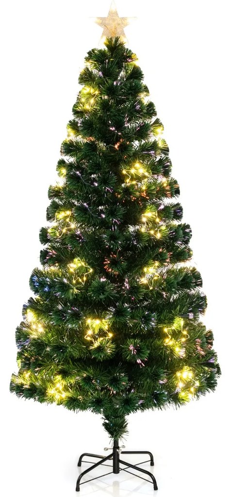 Árvore de Natal de fibra ótica artificial de 180 cm pré-iluminada com luzes de corda ajustáveis em base metálica colorida Verde