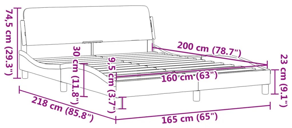 Estrutura cama c/ cabeceira couro artificial 160x200cm cinzento