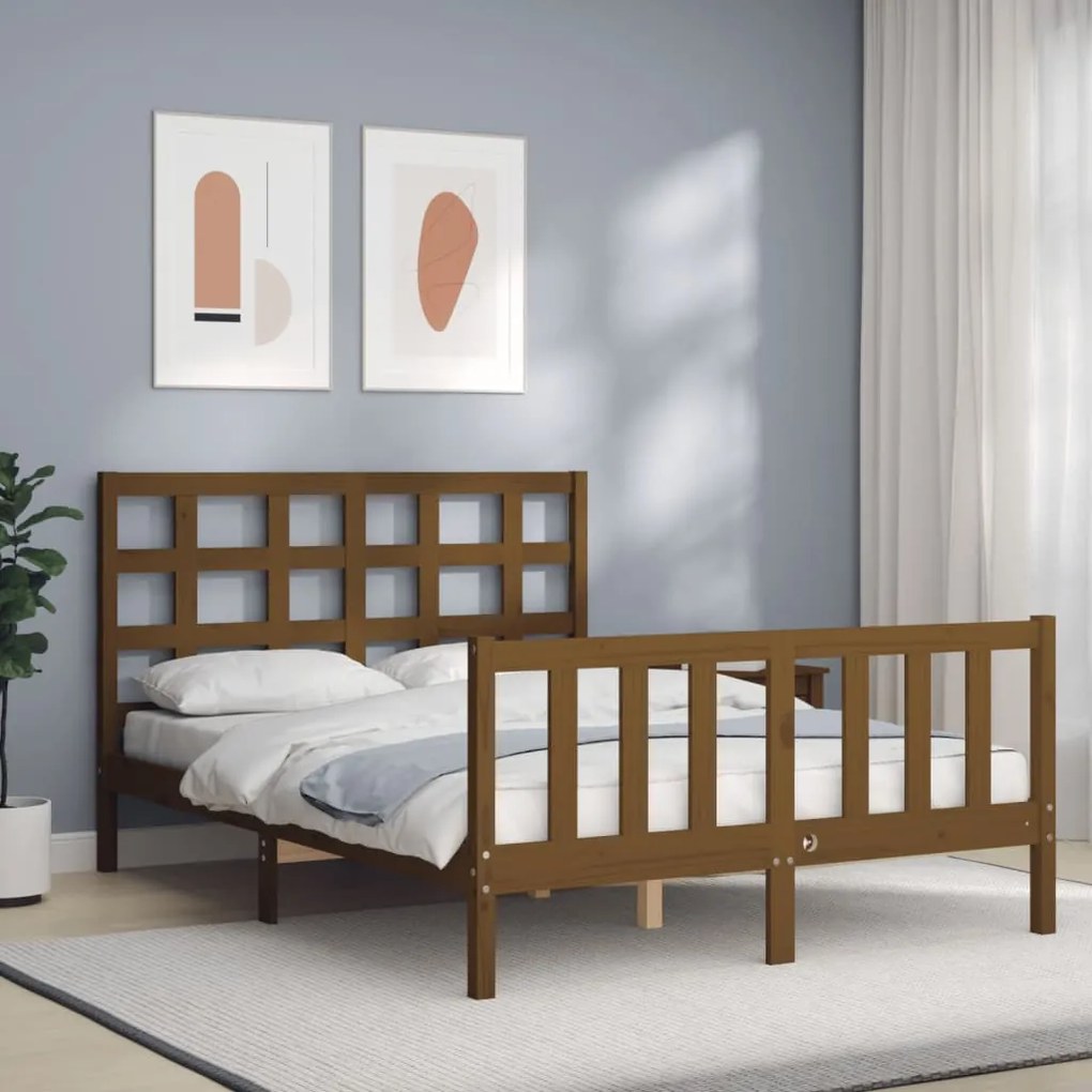 Estrutura cama cabeceira 140x190 cm madeira maciça castanho-mel