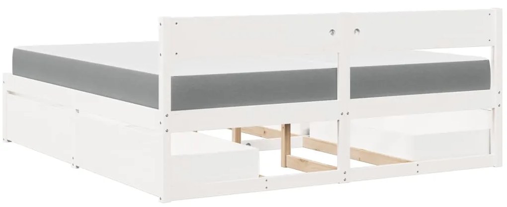 Cama com gavetas e colchão 200x200 cm pinho maciço branco