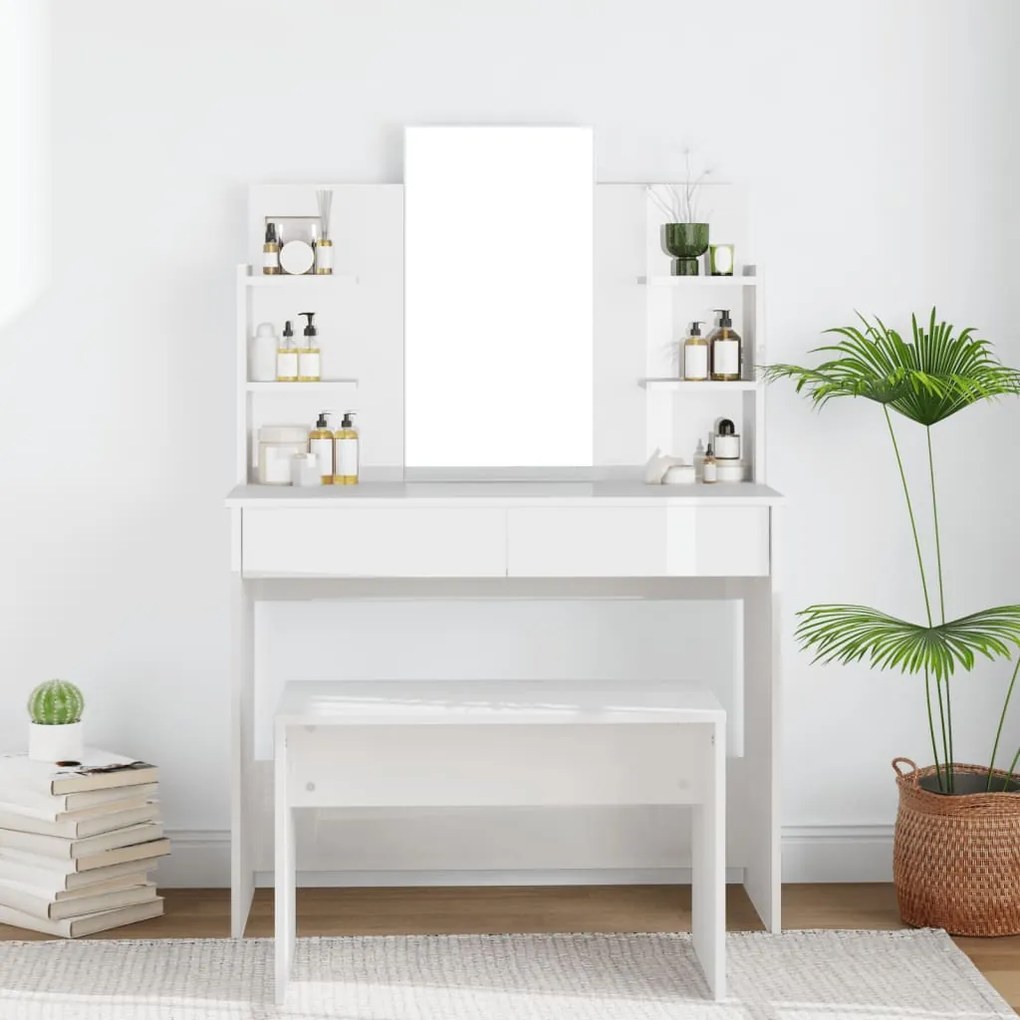 802837 vidaXL Toucador com espelho 96x40x142 cm branco brilhante