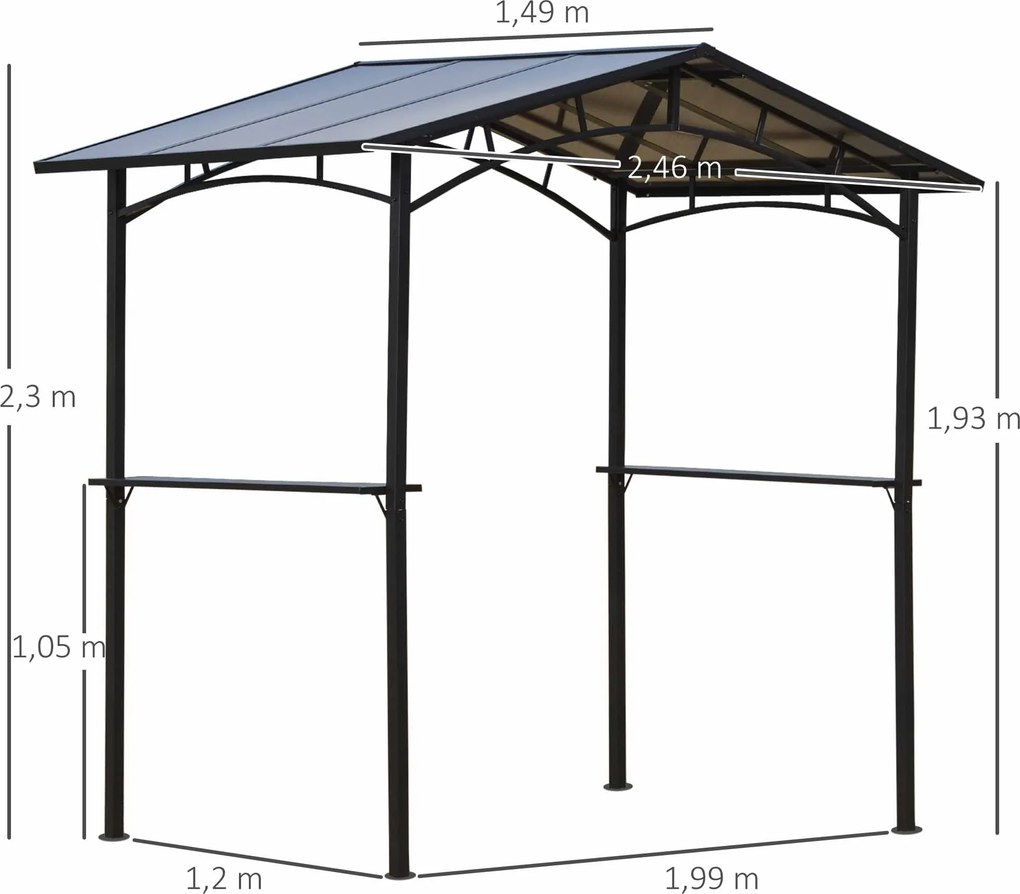 Tenda de jardim 2,5 x 1,5 m para churrasqueira (NÃO INCLUIDA) com 2 prateleiras estrutura em metal preto e cobertura em policarbonato