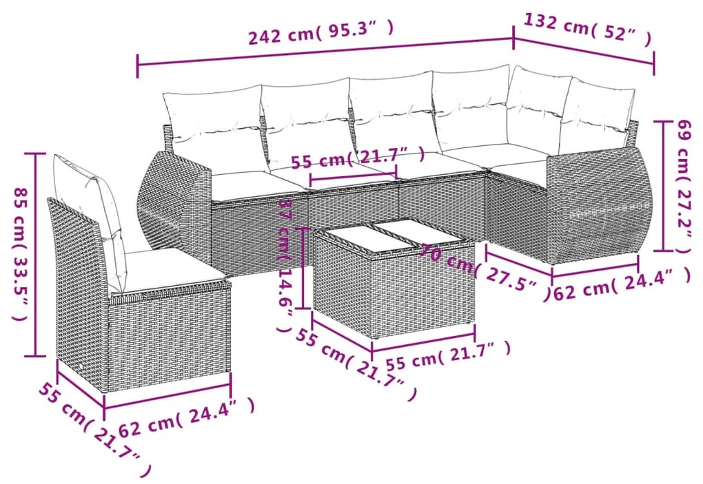 7 pcs conj. sofás jardim com almofadões vime PE cinzento-claro