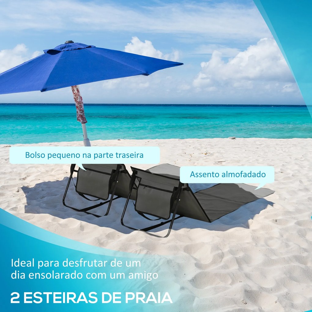 Conjunto de 2 Esteiras de Praia Dobrável Esteiras Acolchoadas com Encosto Reclinável e Bolsa de Transporte para Jardim Campismo 142x51x40 cm Cinza