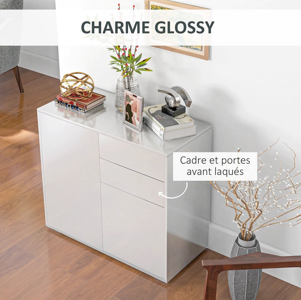 Cómoda, aparador, móvel de arrumação com 2 gavetas, 2 portas e prateleira – 79 x 36 x 74 cm, branco brilhante