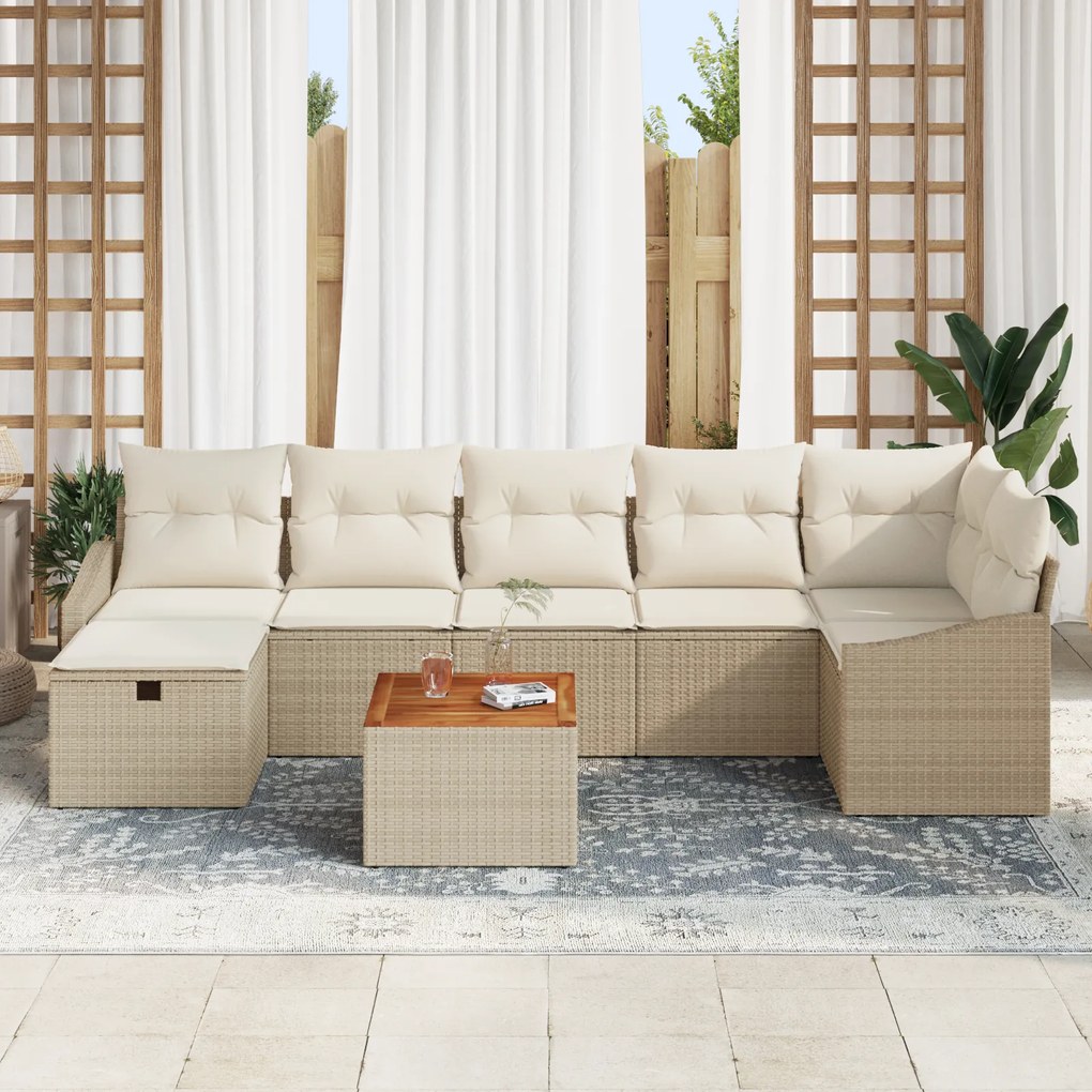 Conjunto de Sofás de Jardim de 8 Peças com Almofadas Bege Poliratan