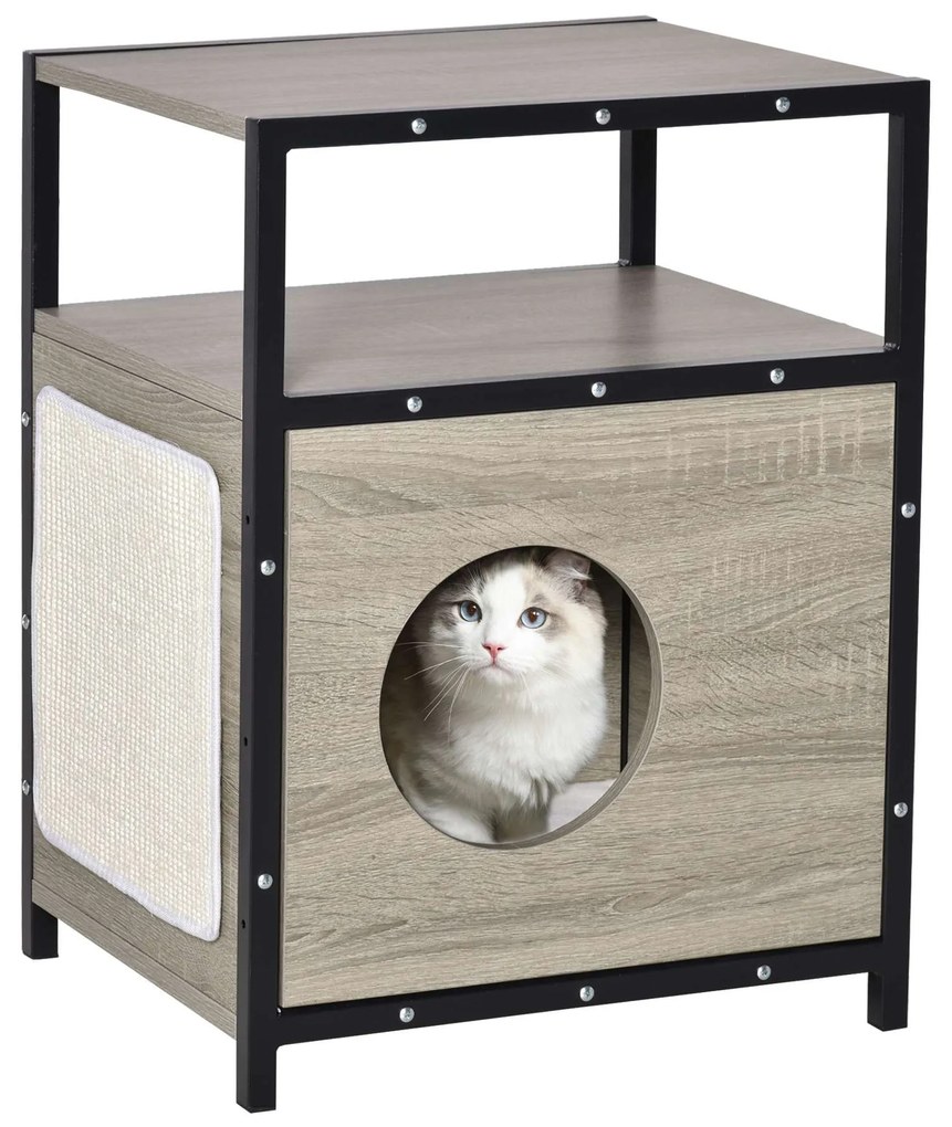 PawHut Casa para Gatos de Madeira com Aparência de Mesa Auxiliar Caverna com Almofada Extraível Porta com Tapete Arranhador