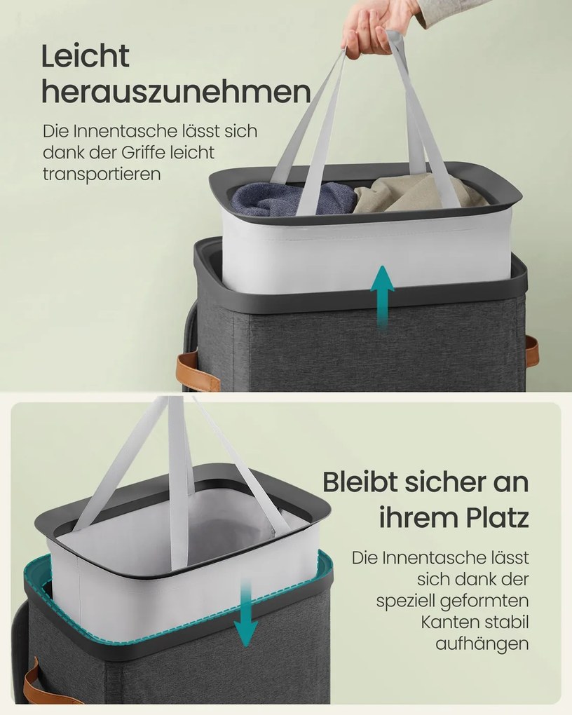 Cesto de roupa suja prático 42 x 32 x 75 cm com compartimentos e tampa Preto