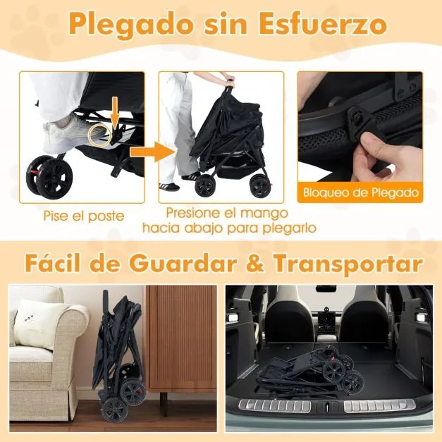Carrinho duplo dobrável para animais de estimação com 2 assentos, guarda-sol ajustável e cesto de armazenamento para passeios, Preto