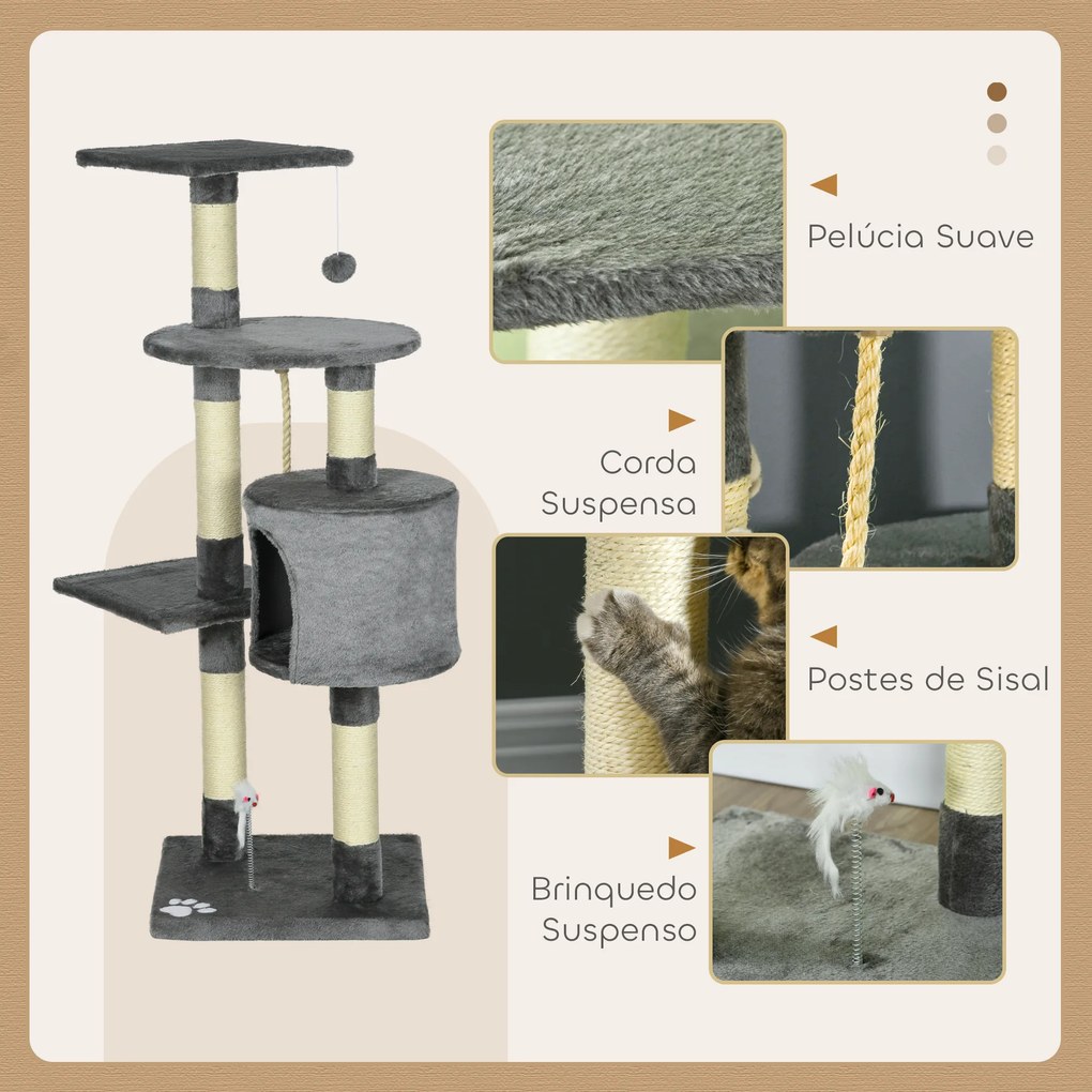 Arranhador para Gatos com 4 Níveis com Poste para Afiar as Garras Caverna Plataformas e Brinquedos 40x40x116 cm Cinzento Escuro