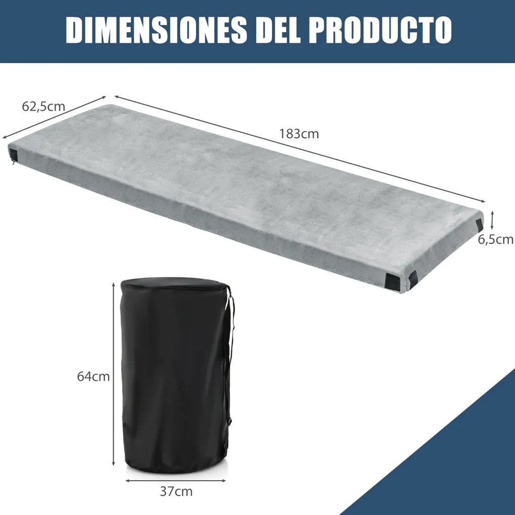 Colchão de campismo enrolável à prova de água Colchão de dormir exterior leve e portátil com saco 183 x 62,5 x 6,5 cm Cinzento
