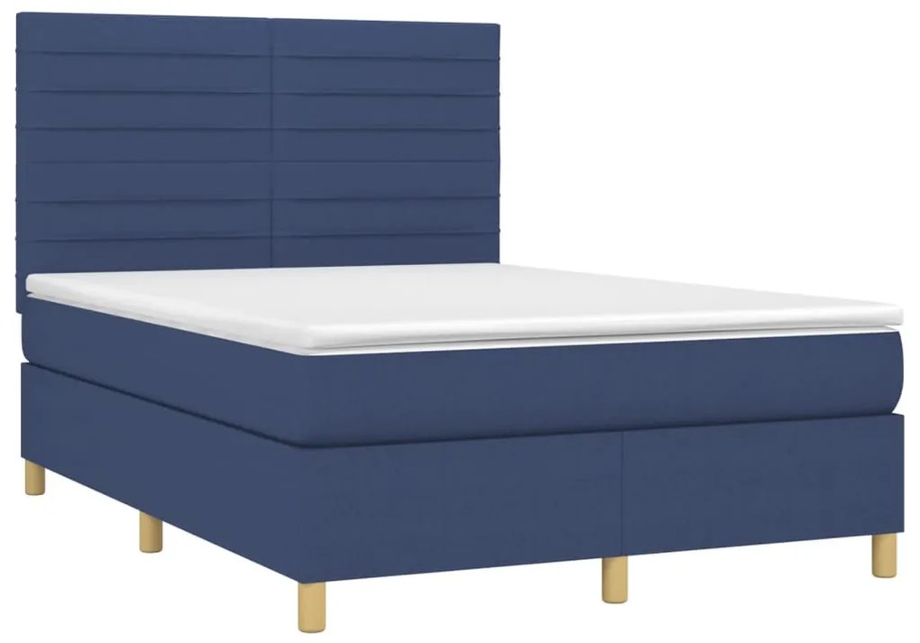 Cama box spring c/ colchão e LED 140x190 cm tecido azul