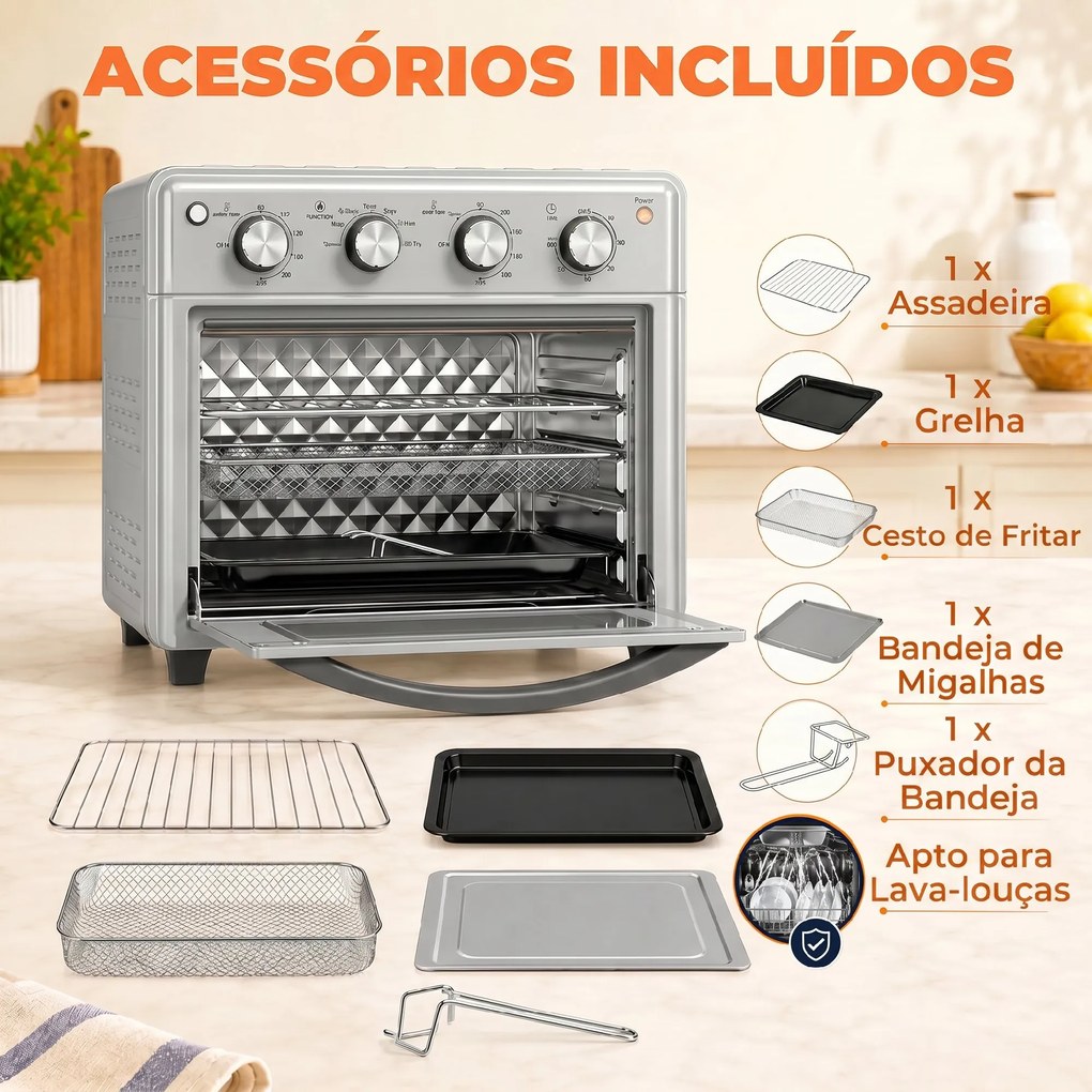 Forno Elétrico de Bancada 30 L 1600 W com Fritadeira a ar 7 Funções e Temporizador 43x39x39 cm Prata