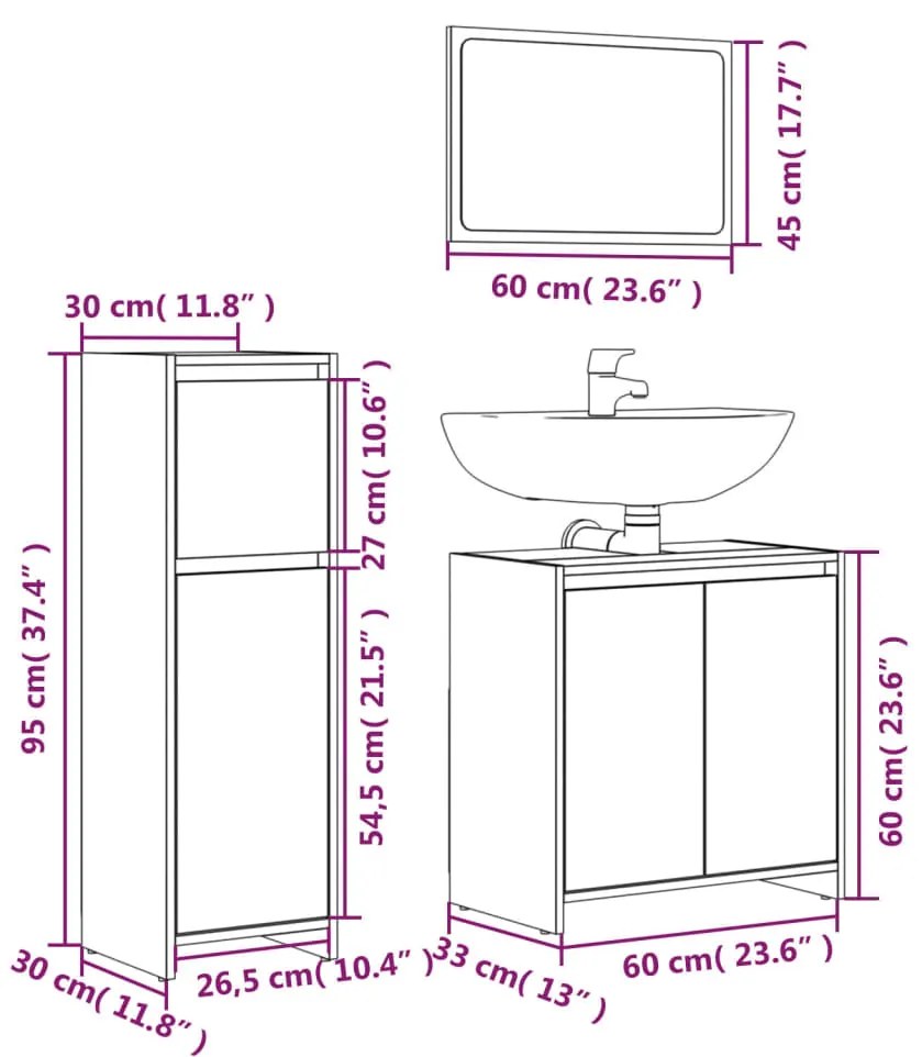 3 pcs Conjunto móveis casa de banho madeira proc. cinza sonoma