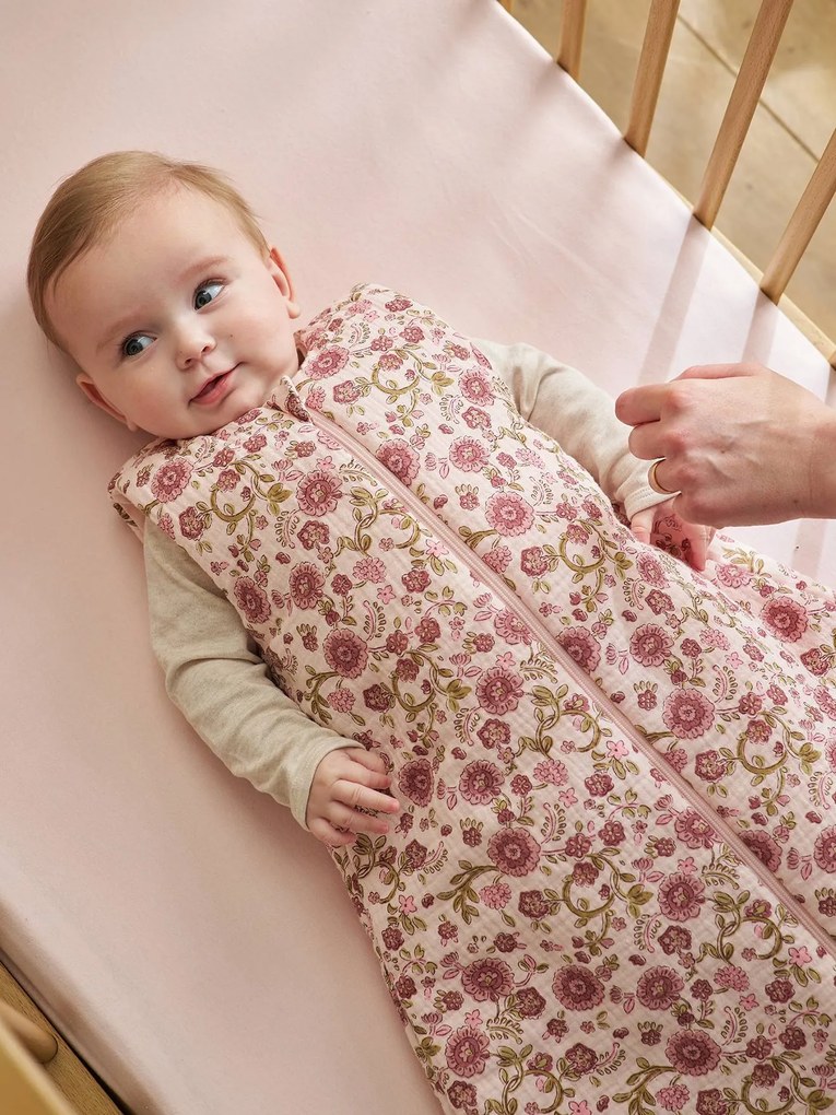 Saco de bebé sem mangas em gaze de algodão estampado rosa