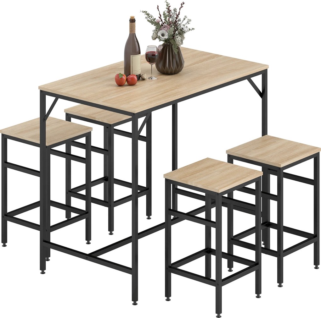 Conjunto de Mesa de Bar com 4 Bancos com Apoio para os Pés Conjunto de Móveis de 5 Peças Mesa de 100x60x88cm e Bancos de 32x32x57cm para Sala de Janta