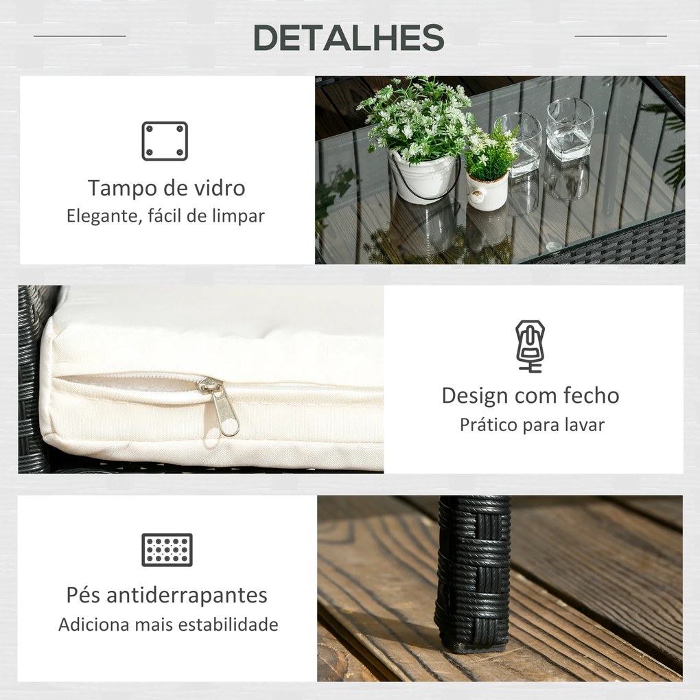 Conjunto de Jardim de Vime Sintético com 2 Poltronas 1 Sofá de 2 Lugares 1 Mesa de Centro e Almofadas Preto e Branco