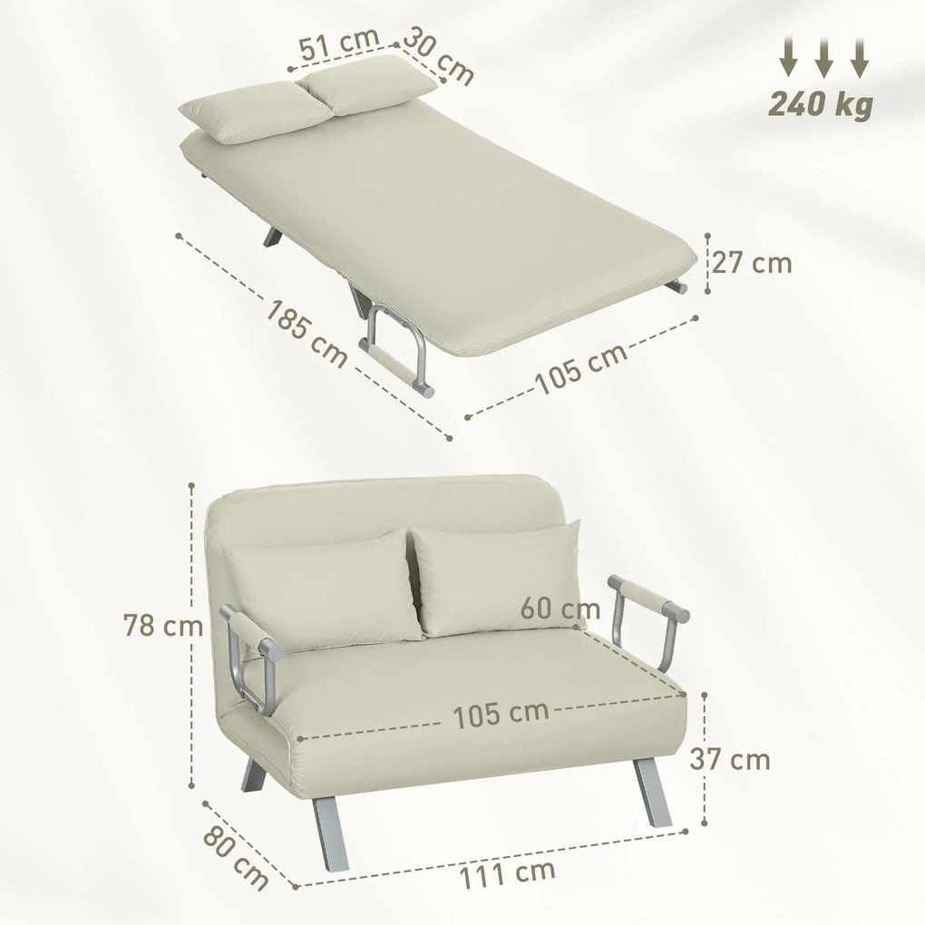 Sofá Cama de 2 Lugares Estofado em Camurça Sintética com Encosto Ajustável em 5 Níveis e 2 Almofadas 111x80x78 cm Bege