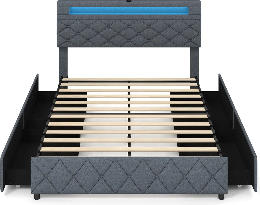 Estrutura de cama 140x200 cm (COLCHÃO NÃO INCLUIDO) com LED USB, estofado, gavetas, cabeceira ajustável, espaço de arrumação, ripas de madeira, não ne