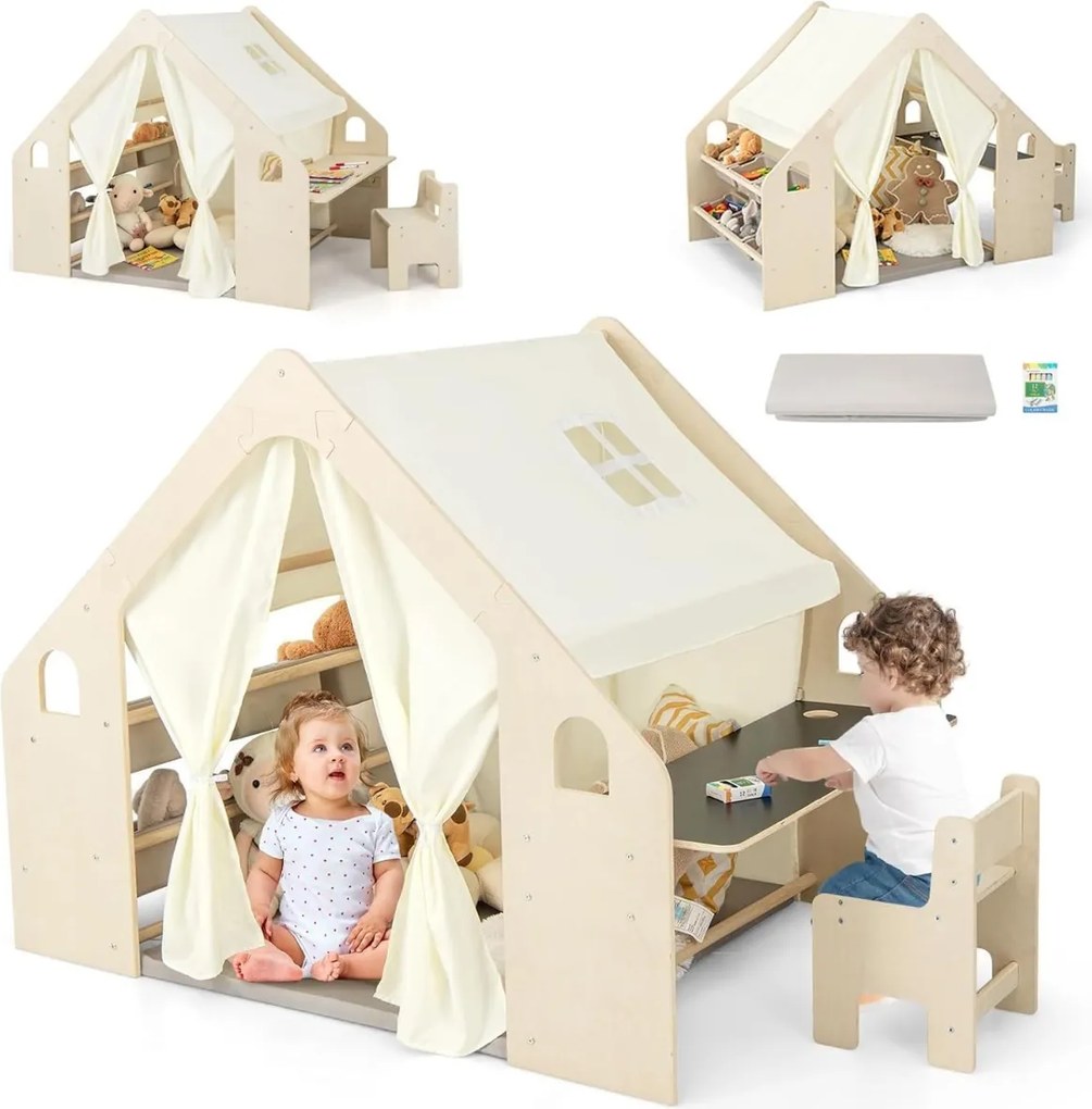 Casa de brincar 6 em 1 em madeira para crianças com quadro negro, secretária, cadeira, 6 cestos, tapete e cortinas para crianças dos 2 aos 6 anos, cor