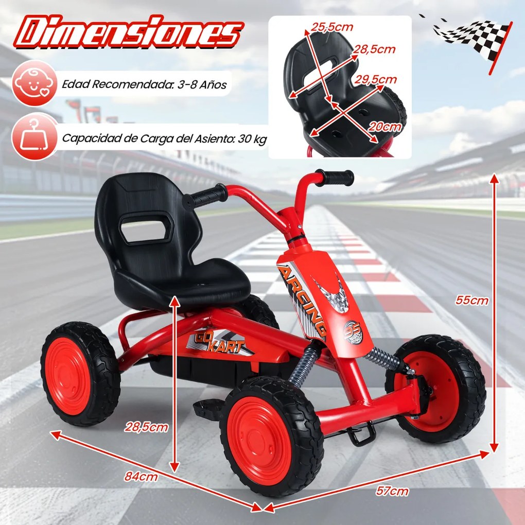 Kart a pedais para crianças com assento ajustável em 2 posições para crianças dos 3 aos 8 anos Capacidade de carga de 30 kg vermelho